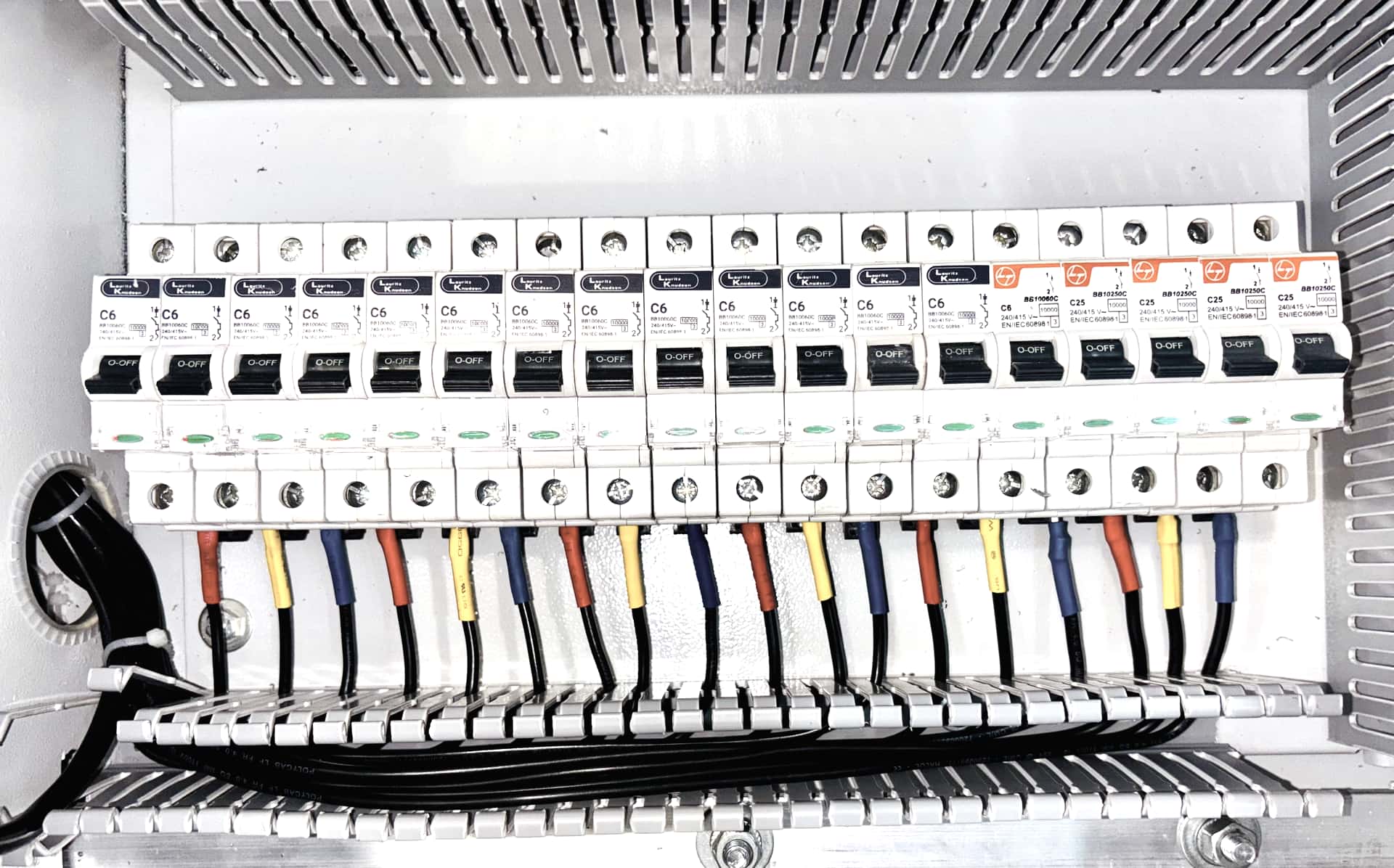 An electrical consumer unit with circuit breakers, photographed in even daylight