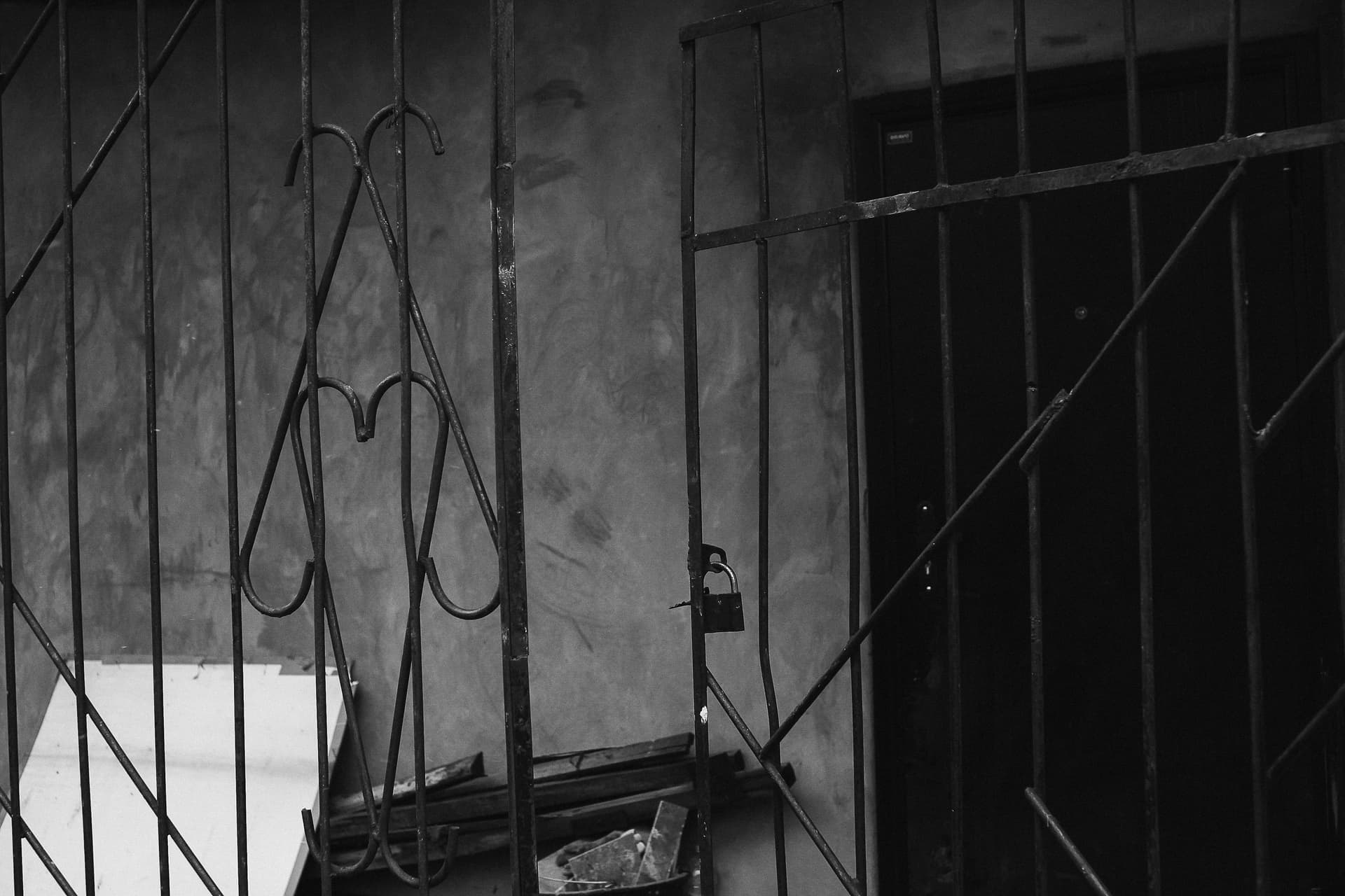 A fabricated steel frame standing in a workshop